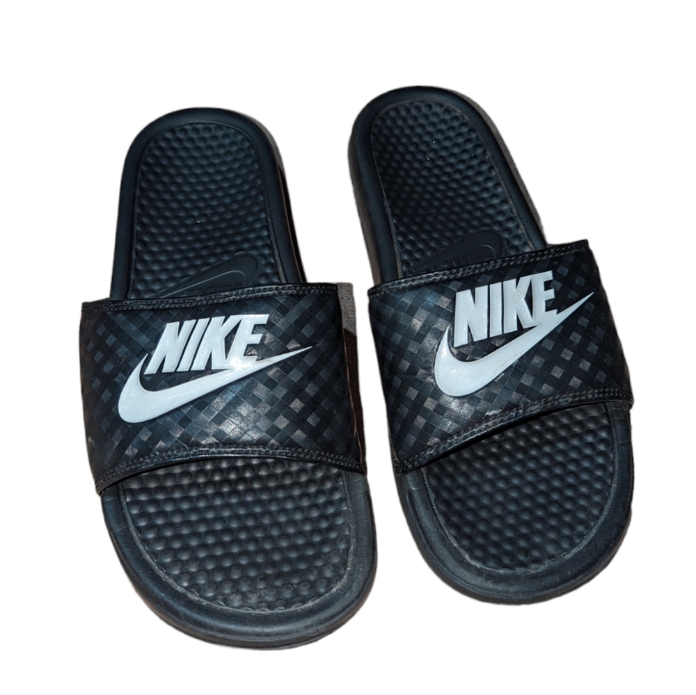 Nike Benassi JDI Black Swoosh Slide On Spell Out Sandals Slides Women 9
